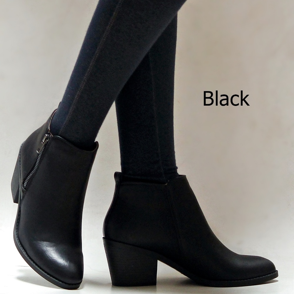 New Black Zipper Chunky Heel Booties Ankle Boots - Picture 3 of 4